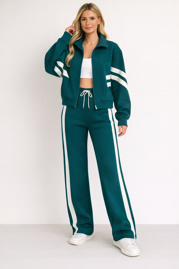 Womens knit tracksuit set zip jacket wide-leg, view 3