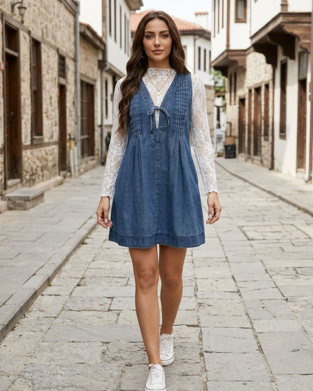 Womens denim mini dress lace-up detail, view 3