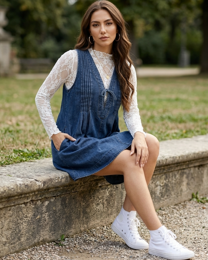 Skylar | Womens Denim Mini Dress Lace-Up Detail