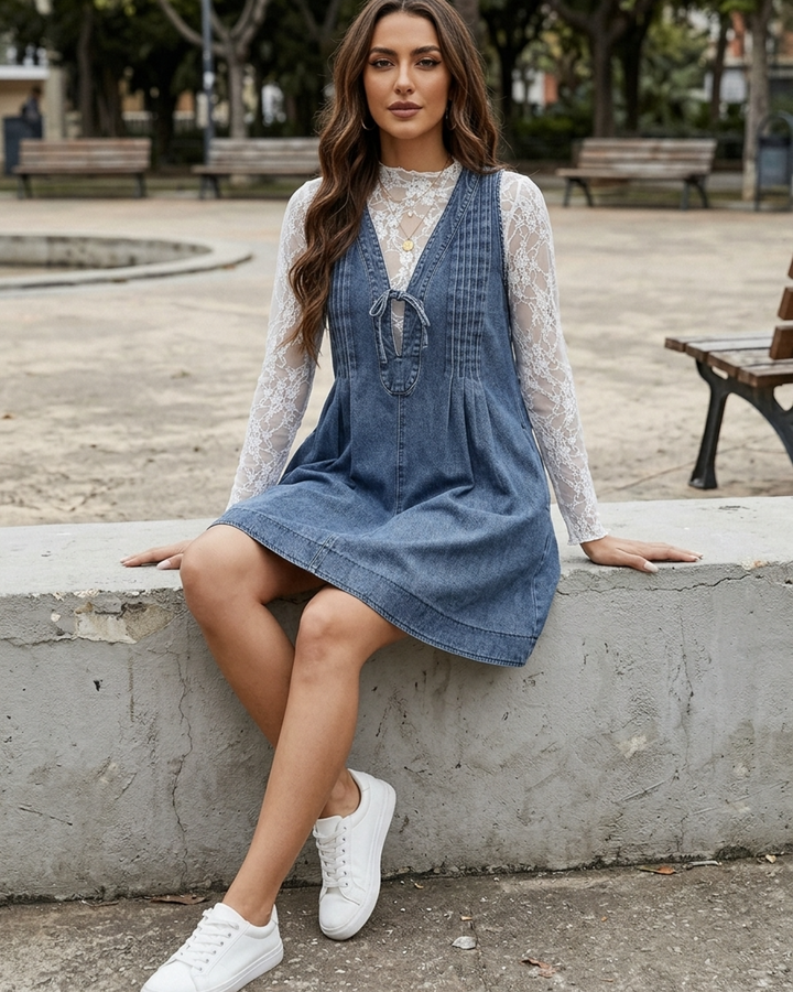 Skylar | Womens Denim Mini Dress Lace-Up Detail