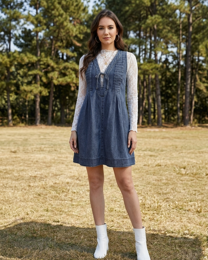 Skylar | Womens Denim Mini Dress Lace-Up Detail