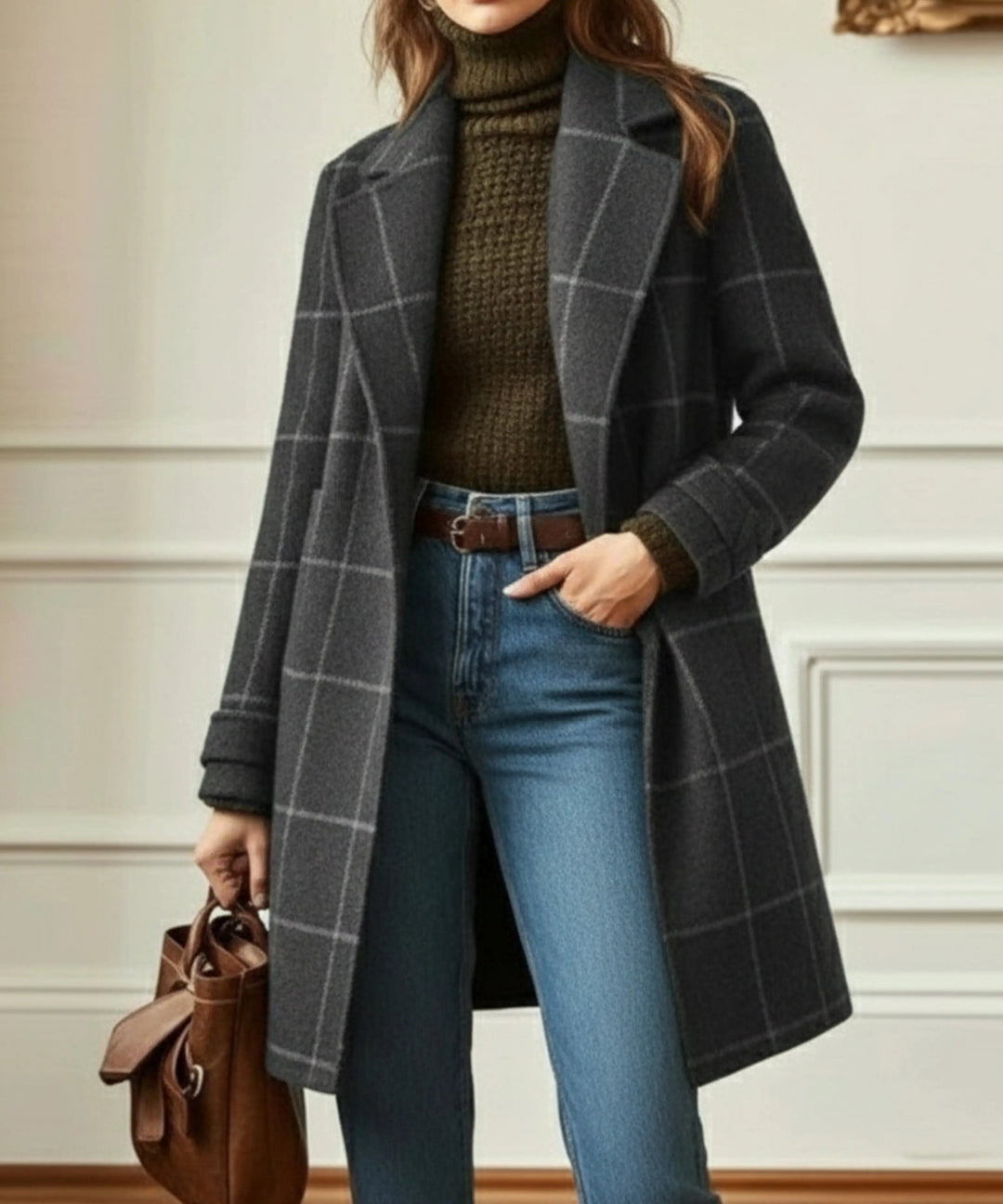 Womens plaid long overcoat, view 2