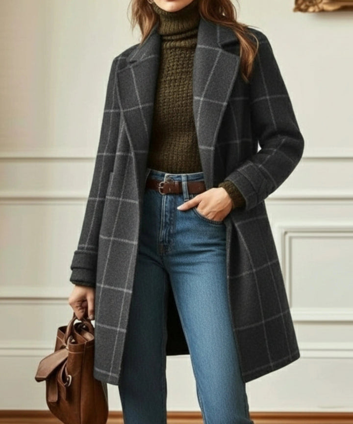 Womens plaid long overcoat, view 2