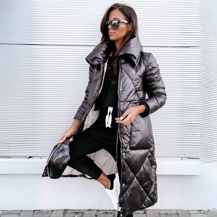 Womens long quilted puffer coat hooded, view 1