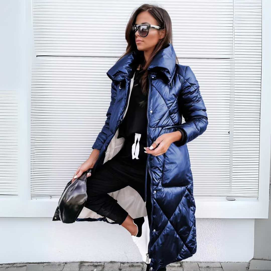 Womens long quilted puffer coat hooded, view 2