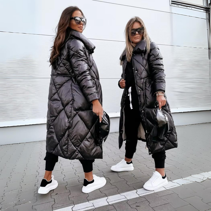 Womens long quilted puffer coat hooded, view 3