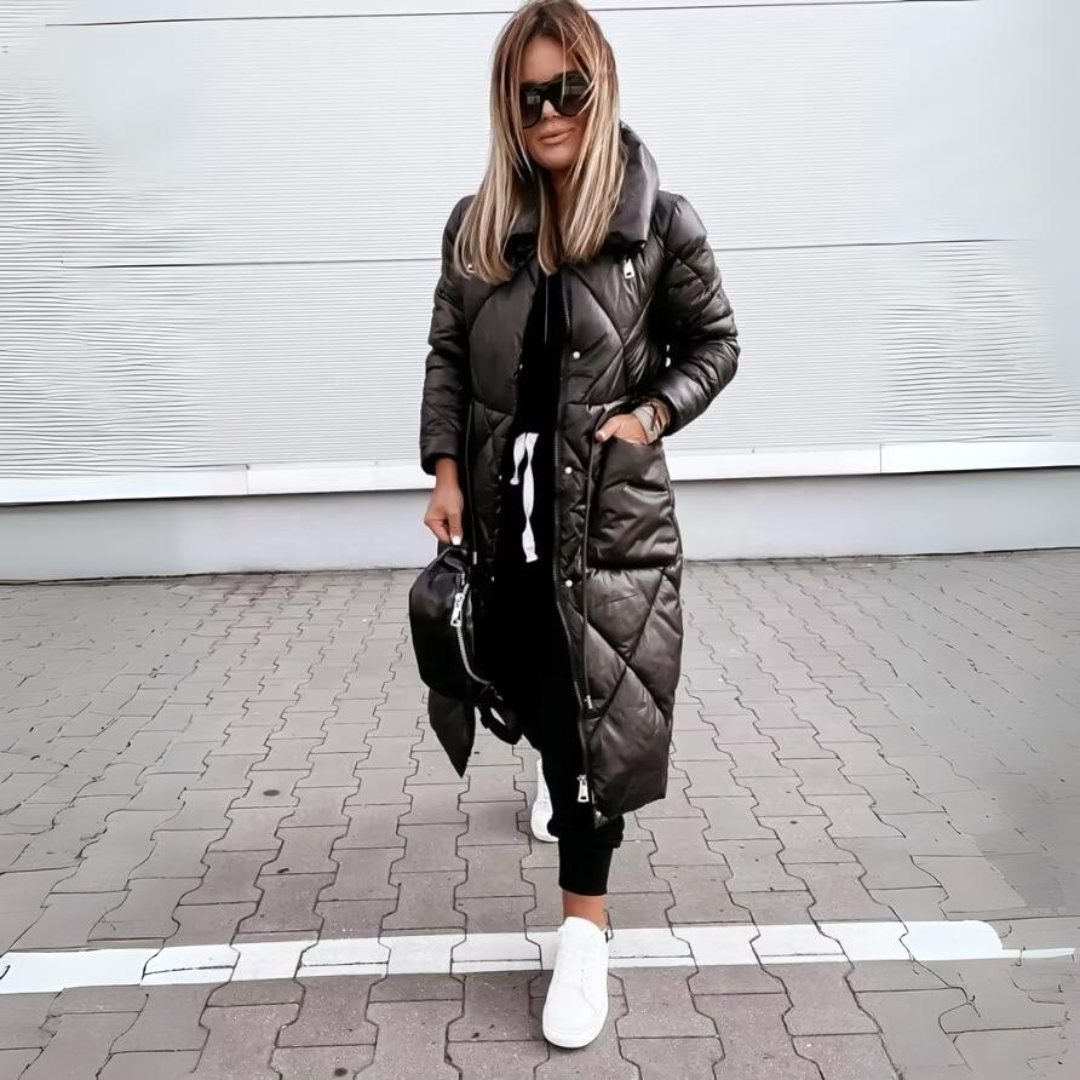 Womens long quilted puffer coat hooded, view 4