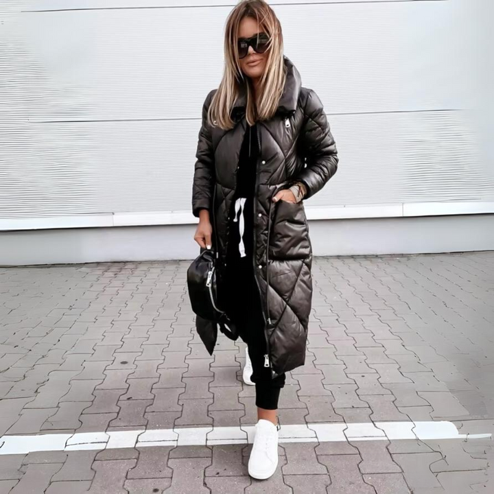 Womens long quilted puffer coat hooded, view 4
