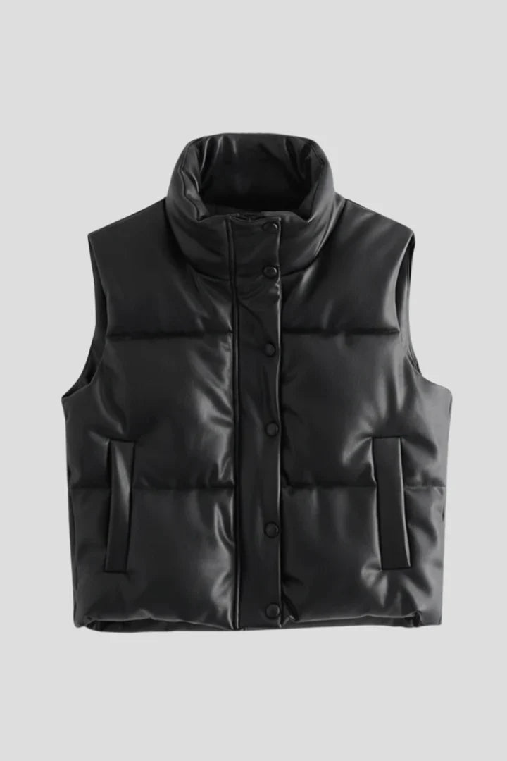 Gemma | Black Faux Leather Quilted Puffer Vest