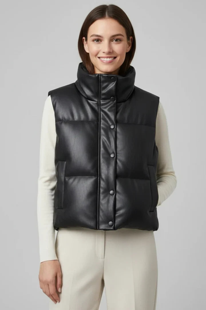 Gemma | Black Faux Leather Quilted Puffer Vest