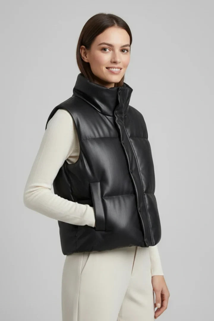 Gemma | Black Faux Leather Quilted Puffer Vest