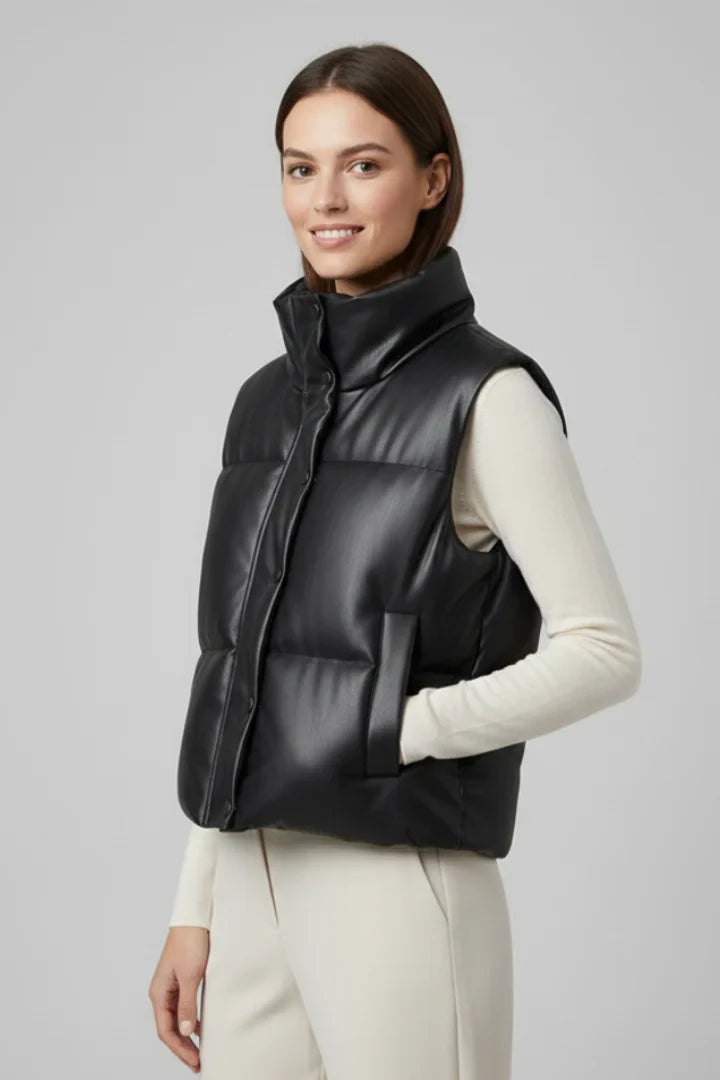 Gemma | Black Faux Leather Quilted Puffer Vest