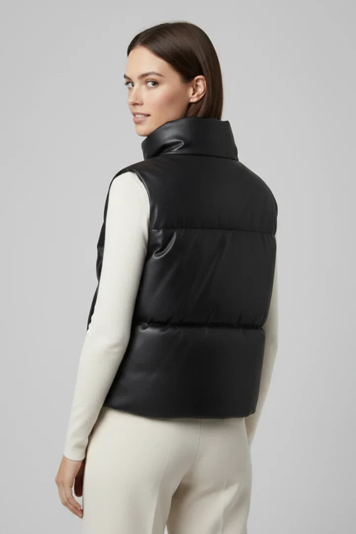 Gemma | Black Faux Leather Quilted Puffer Vest