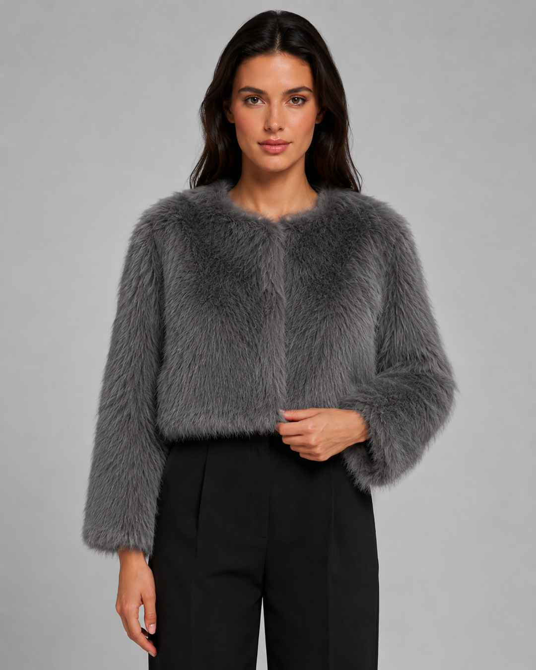 Womens cropped faux fur jacket, view 2