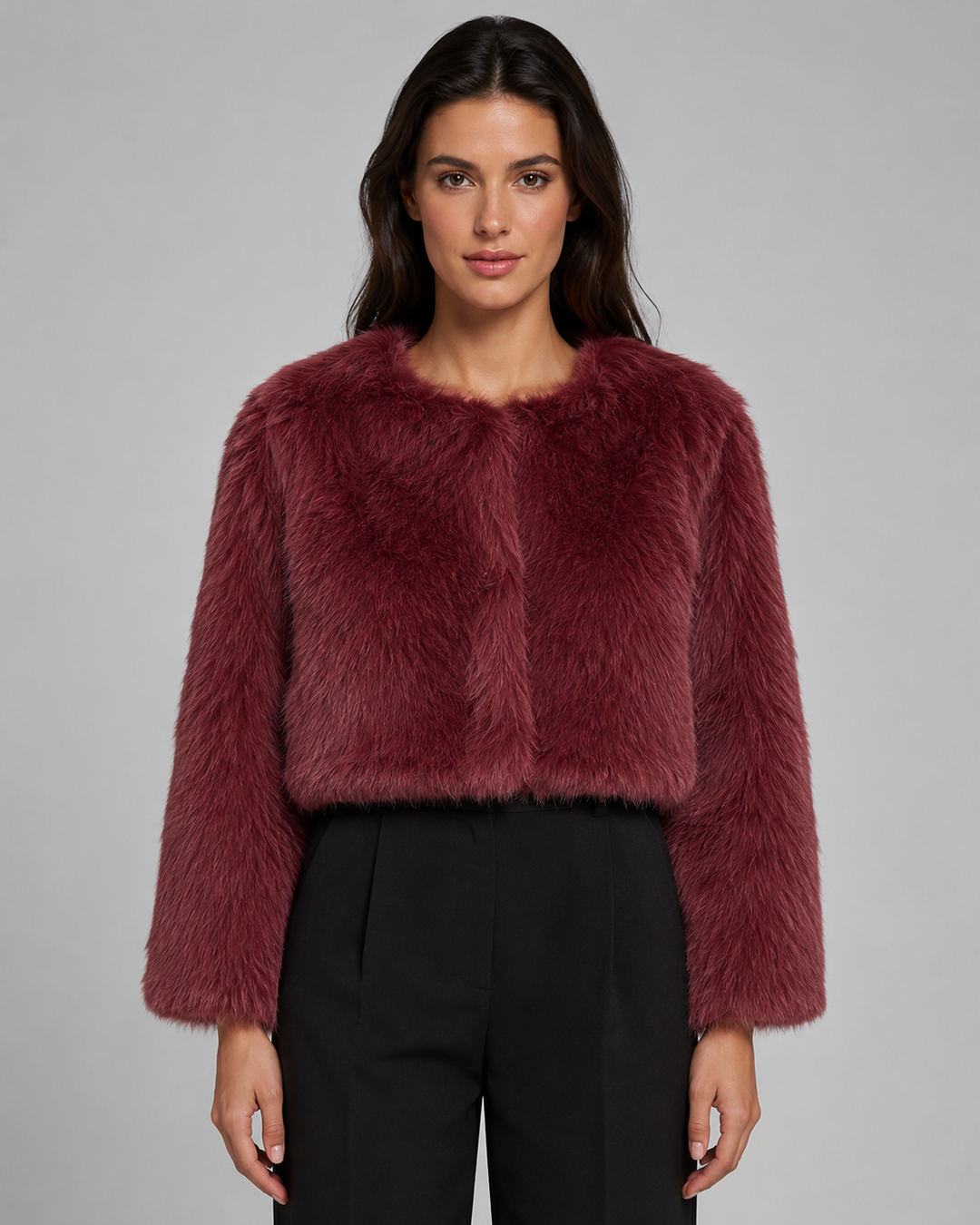 Womens cropped faux fur jacket, view 4