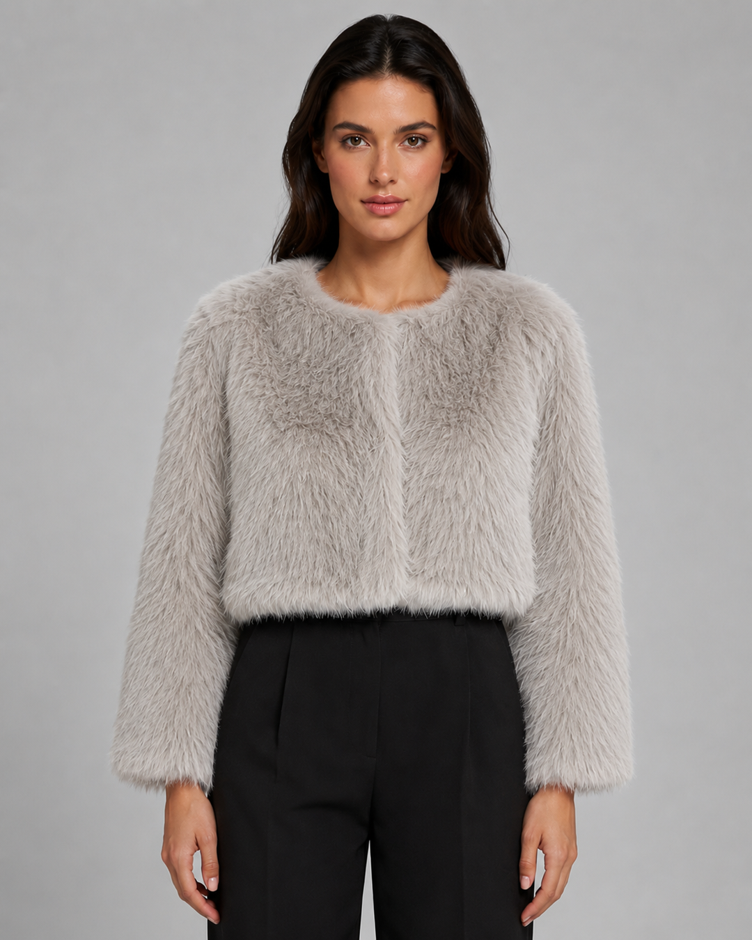 Womens cropped faux fur jacket, view 3