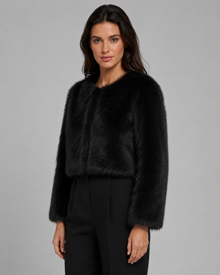 Womens cropped faux fur jacket, view 1