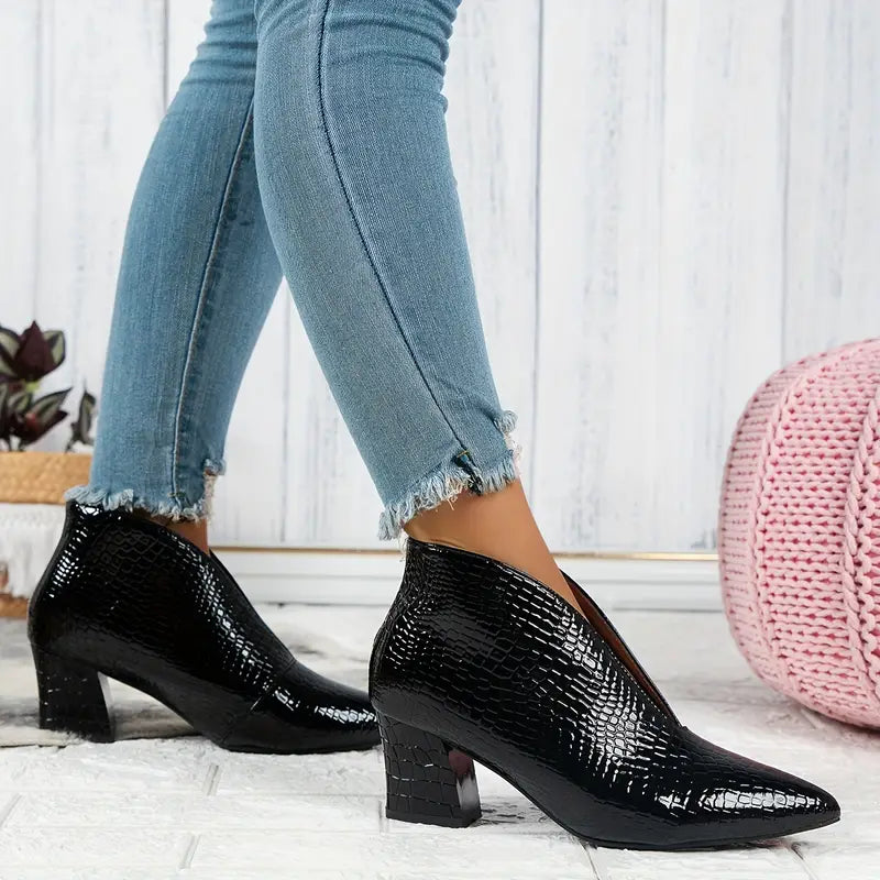 Phoebe | Pointed Toe Croc Embossed Block Heel Booties