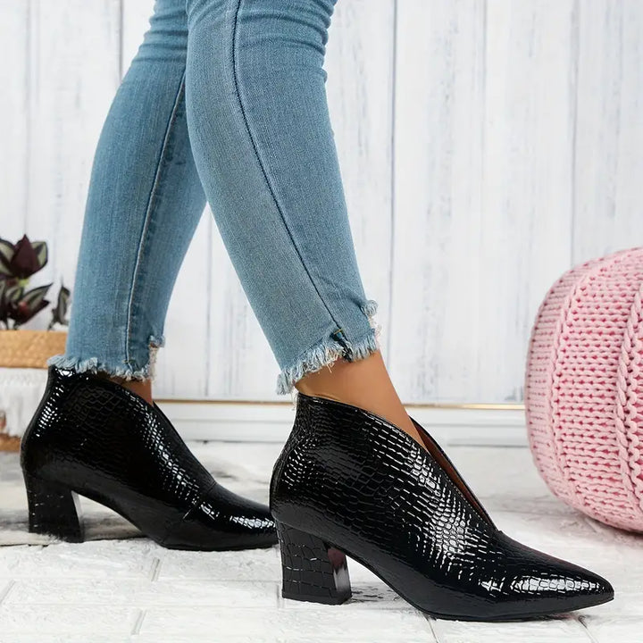 Phoebe | Pointed Toe Croc Embossed Block Heel Booties
