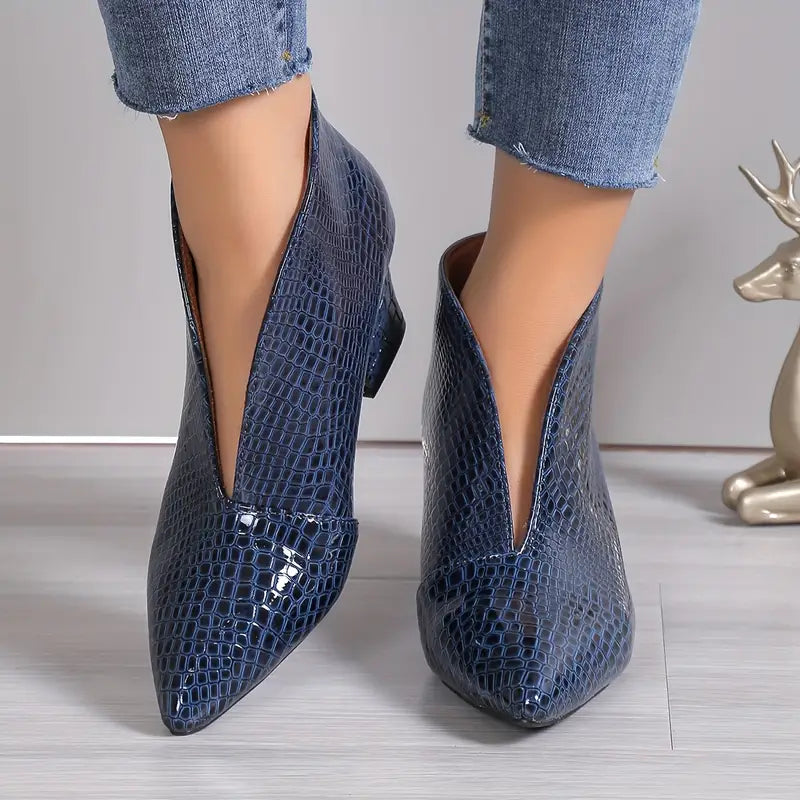 Phoebe | Pointed Toe Croc Embossed Block Heel Booties