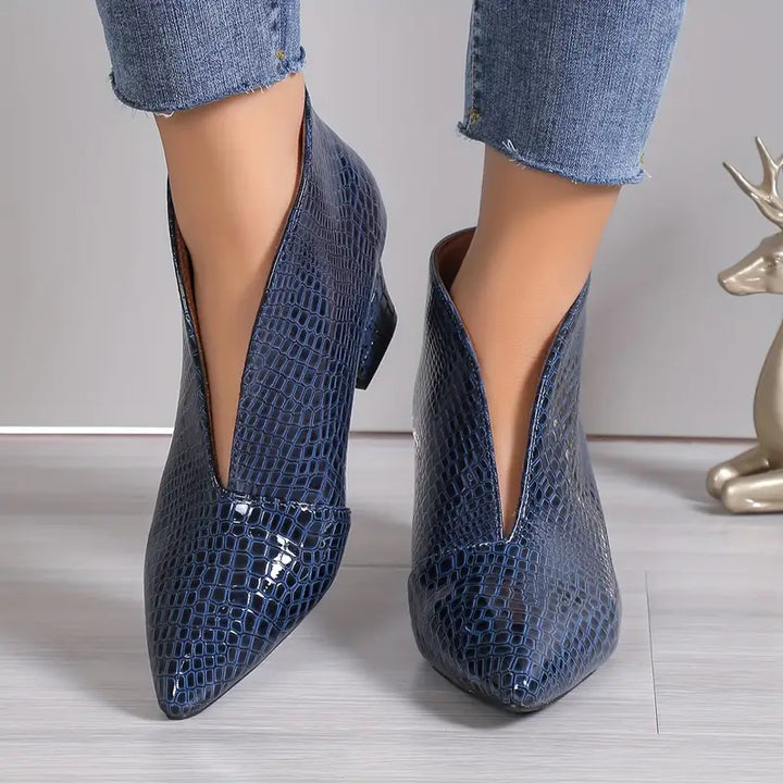 Phoebe | Pointed Toe Croc Embossed Block Heel Booties