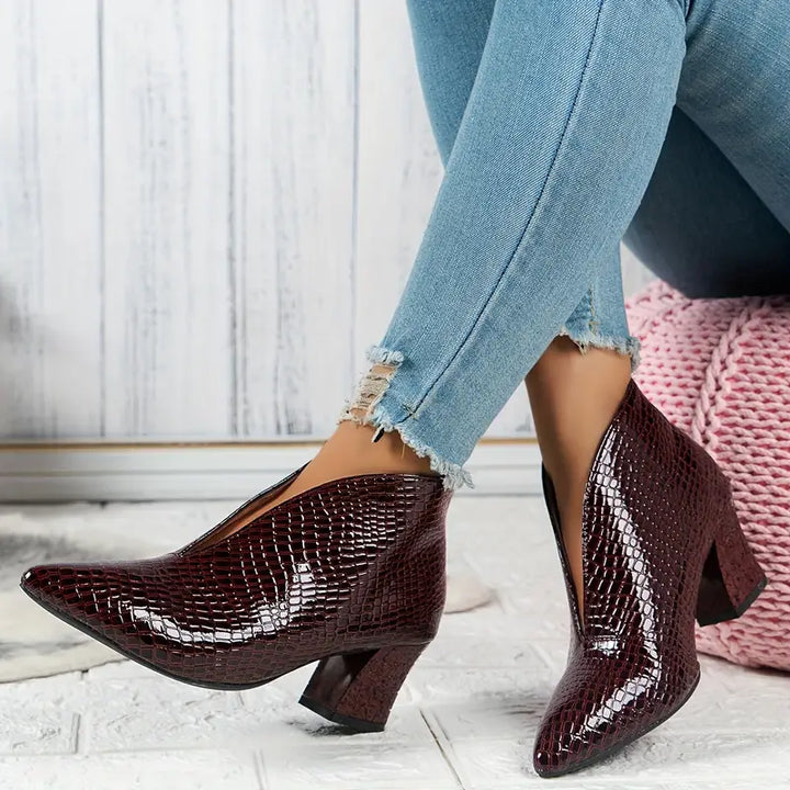 Phoebe | Pointed Toe Croc Embossed Block Heel Booties