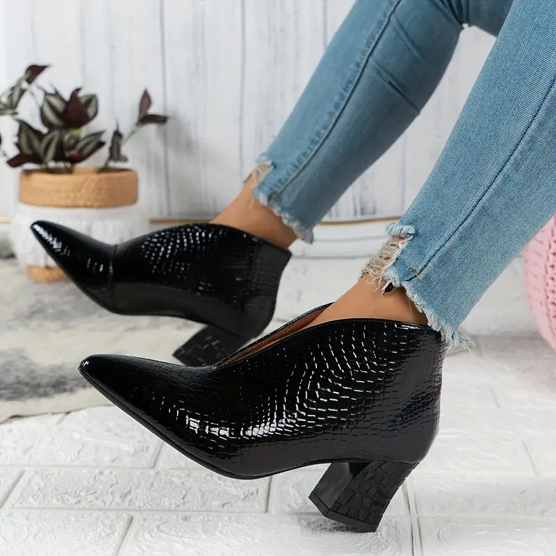 Phoebe | Pointed Toe Croc Embossed Block Heel Booties