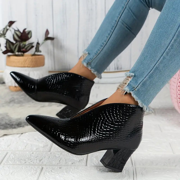 Phoebe | Pointed Toe Croc Embossed Block Heel Booties