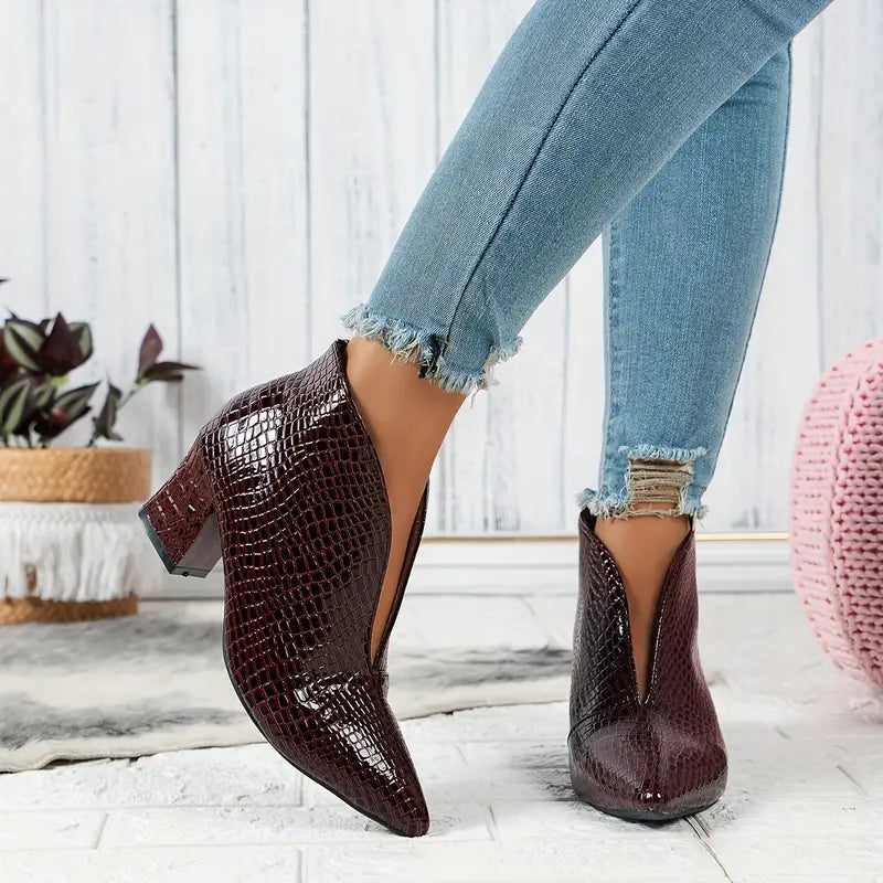Phoebe | Pointed Toe Croc Embossed Block Heel Booties