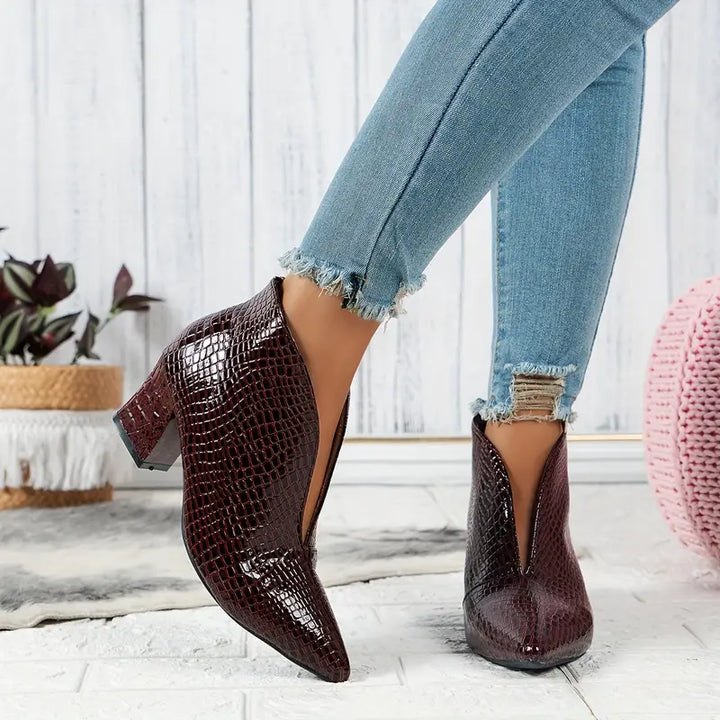 Phoebe | Pointed Toe Croc Embossed Block Heel Booties