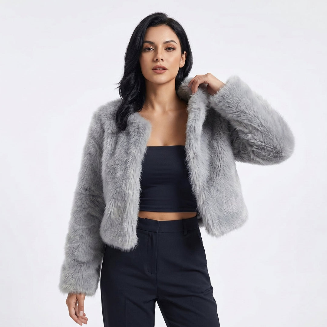 Womens shaggy faux fur cropped jacket, view 1
