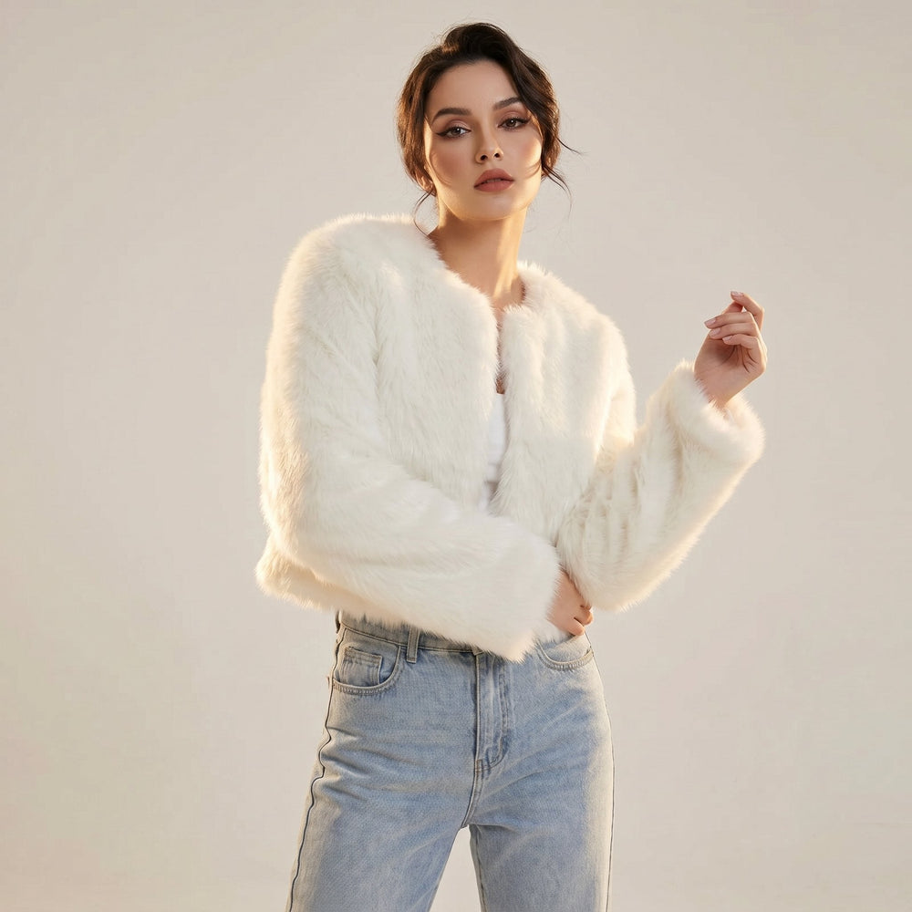 Womens shaggy faux fur cropped jacket, view 2