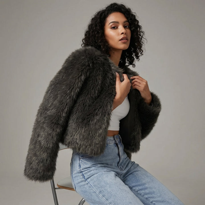 Womens shaggy faux fur cropped jacket, view 3