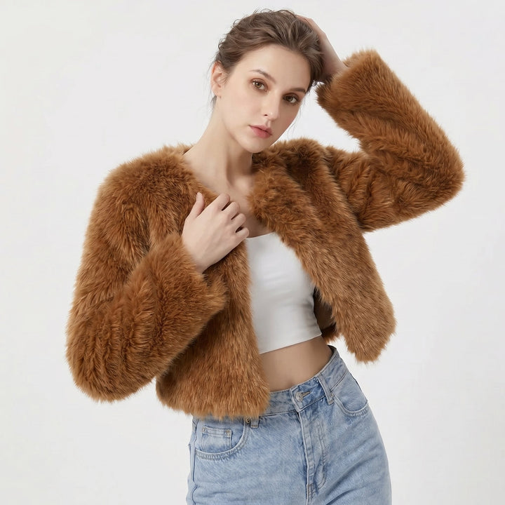 Womens shaggy faux fur cropped jacket, view 4