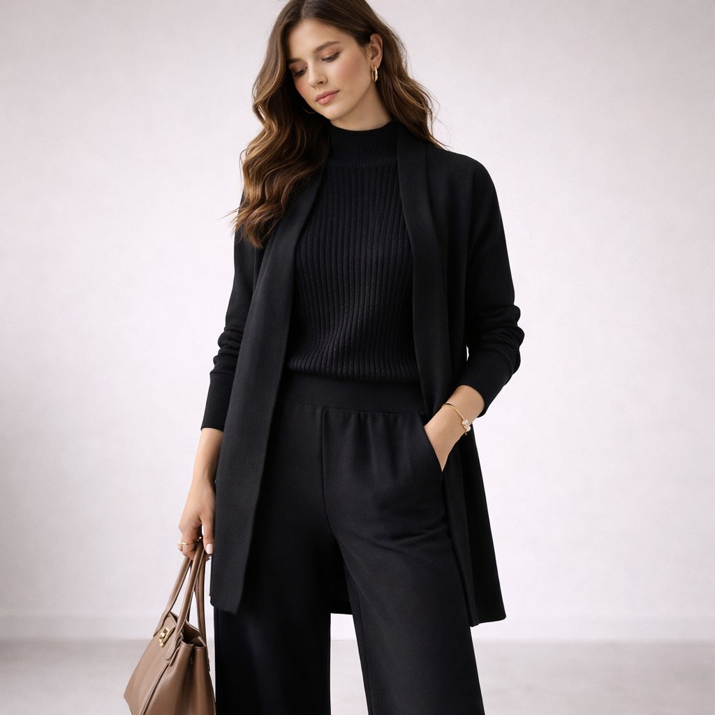 Womens three-piece knit lounge set cardigan and wide-leg trousers, view 5