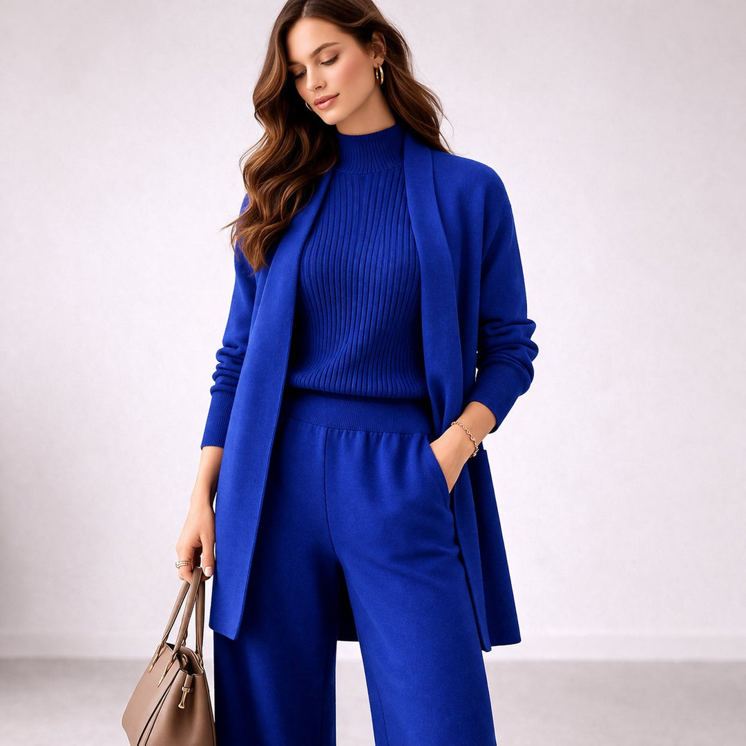 Womens three-piece knit lounge set cardigan and wide-leg trousers, view 3
