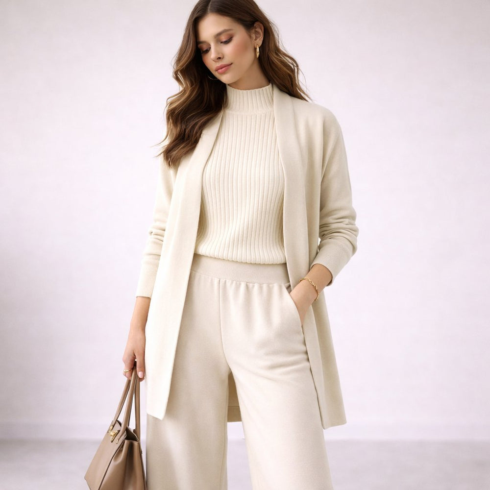 Womens three-piece knit lounge set cardigan and wide-leg trousers, view 2