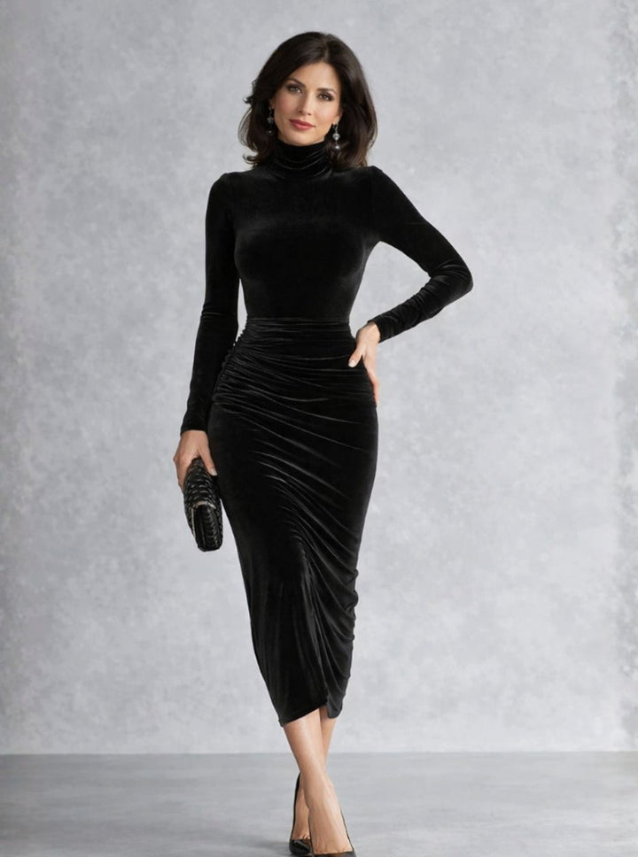 Gemma | Black Velvet Turtleneck Midi Dress
