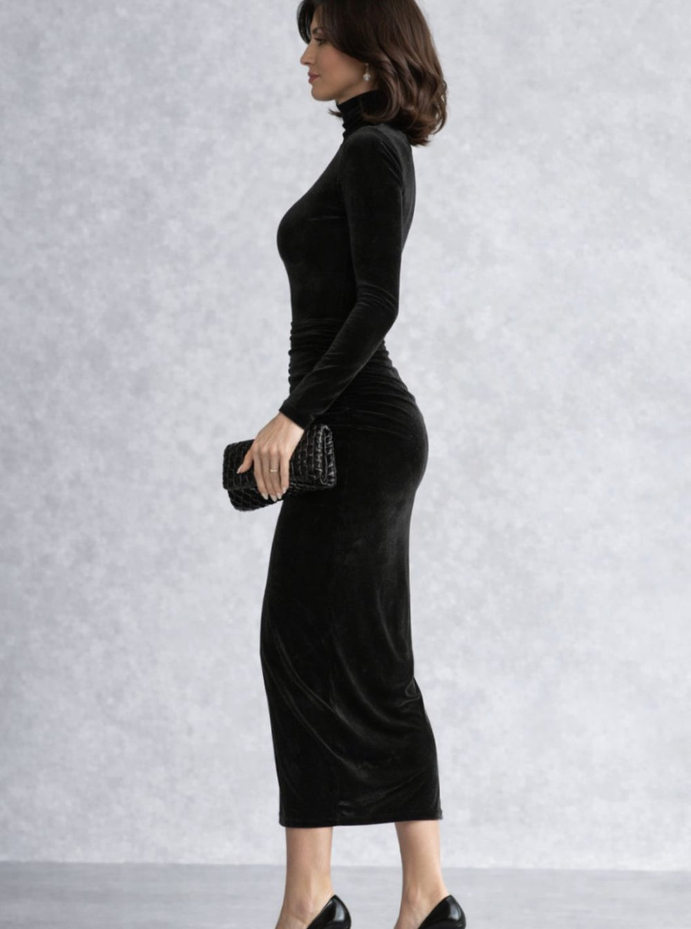 Gemma | Black Velvet Turtleneck Midi Dress