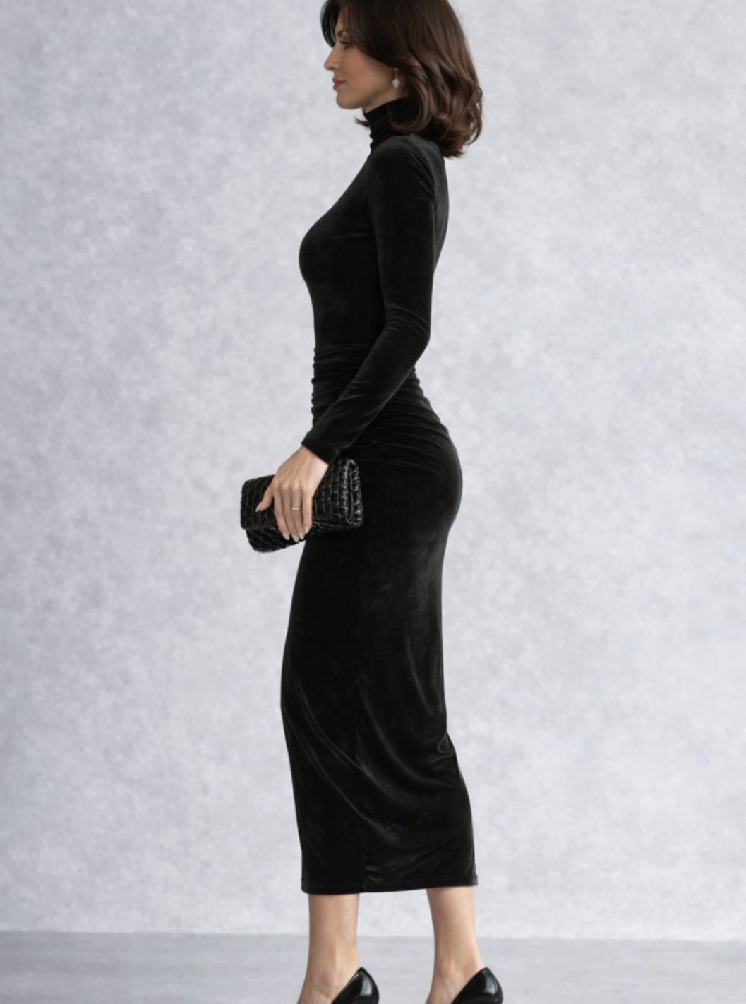 Gemma | Black Velvet Turtleneck Midi Dress