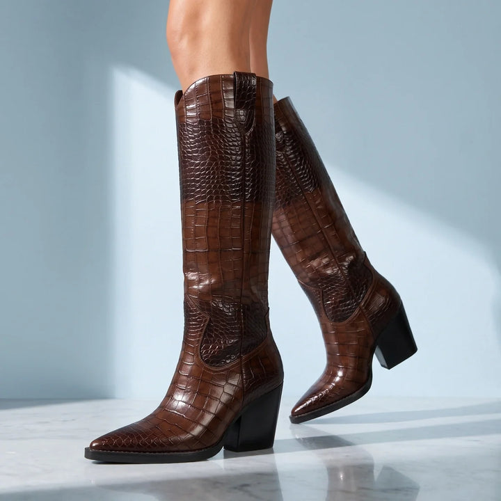 Madison | Womens Knee High Croc Embossed Cowboy Boots